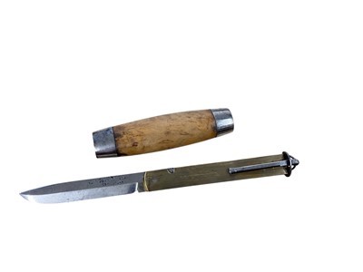 Lot 876 - Late 19th century Swedish Barrel knife, with curly birch wood grip and steel end caps, removable hinged blade signed JOH. ENGSTROM, brass case stamped JE arrow 1874 on one side. and fitted with...
