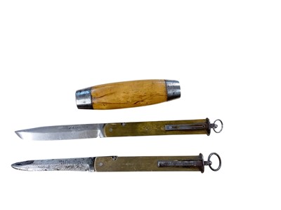 Lot 880 - Late 19th century Swedish Barrel knife, with birch wood grip, stamped SWEDEN, and steel end caps, removable hinged blade signed JOH. ENGSTROM, brass case stamped JOH. ENGSTROM ESKILSTUNA SWEDEN...