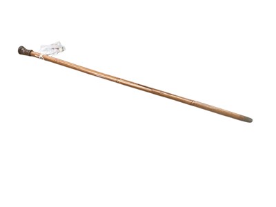 Lot 2483 - Victorian dart blowpipe walking stick with Bamboo shaft, turned horn mouthpiece, removable horn mounted handle and screw ferrule tip, together with 7 coloured darts. 90.5cm overall length.