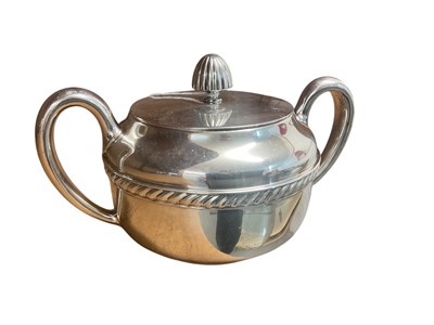 Lot 757 - Second World War American U.S. Navy silver plated mess sugar bowl and cover, with engraved badge and stamped International Silver Co. to base, 19cm across the handles.
