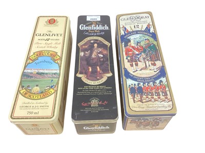 Lot 2609 - Three single malt scotch whiskies in presentation tins: Glen Moray 12 years Queen's Own Cameron Highlanders, Glenlivet 12 years Turnberry, and Glenfiddich Clan Murray (3)