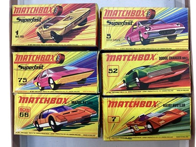 Lot 2009 - Matchbox Superfast Series 1-75 including Mod Rod No.1, Carabo No.75, Mazda RX500 No.66, Lotus Europa No.5, Dodge Charger MK3 No.52 & Hairy Hustler No.7, all boxed (6)