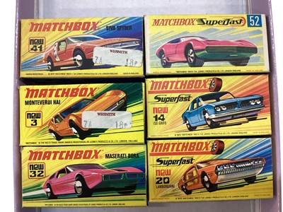 Lot 2010 - Matchbox Superfast Series 1-75 including Siva Spider No.41, Monteverdi No.3, Maserati Bora No.32, Dodge Charger MK3 No.52, ISO Grifo No.14 & Lamborghini No.20, all boxed (6)