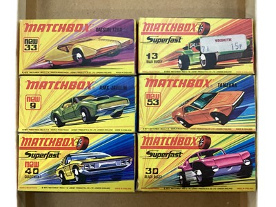 Lot 2011 - Matchbox Superfast Series 1-75 including Datsun 126X No.33, AMX Javelin No.9, Guildsman1 No.40, Bala Buggy No.13, Tanzara No.53 & Beach Buggy No.30, all boxed (6)