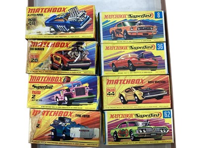 Lot 2012 - Matchbox Superfast Series 1-75 including Pi-Eyed Piper No.48, Big Banger No.26, Jeep Hot Rod No.2 Tyre Fryer No.42, Wild Cat Dragster No.8, Draguar No.36, Boss Mustang No.44 & Rat Rod Dragst...