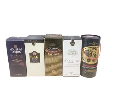 Lot 2611 - Five bottles of scotch whisky in boxes: Bunnahabhain 12 years, Bell's Special Reserve 12 years, House of Lords 12 years, Dalwhinnie 15 years, and Mac Bride's 12 years (5)