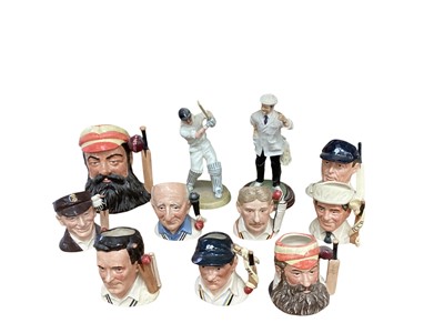 Lot 1237 - Nine Royal Doulton character jugs - W.G. Grace D7032, Dennis Compton D7076, Jack Hobbs D7131, Len Hutton D6495, Ian Botham D7091, Brian Johnston D7018, W.G. Grace D6845, Dickie Bird D7068 and Th...