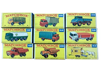 Lot 2020 - Matchbox Series 1-75 including Dodge Dumper Truck No.48, Leyland Petrol Tanker No.32, Pony Trailer No.43, DAF Girder Truck No.58, Unimog No.49, Stake Truck No.4, Mack Dump Truck No.28, Refrigera...