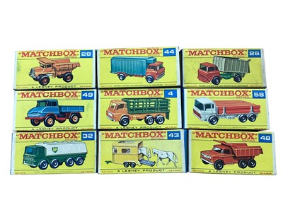 Lot 2021 - Matchbox Series 1-75 including Dodge Dumper Truck No.48, Leyland Petrol Tanker No.32, Pony Trailer No.43, DAF Girder Truck No.58, Unimog No.49, Stake Truck No.4, Mack Dump Truck No.28, Refrigera...