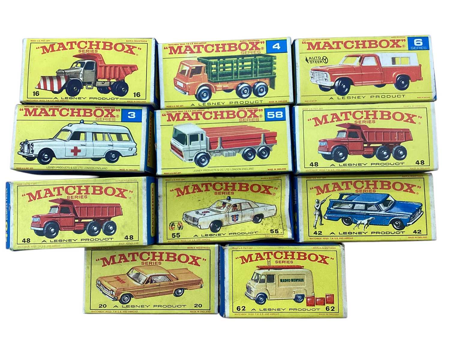 Lot 2022 - Matchbox Series 1-75 including Dodge Dumper Truck No.48 (x2), TV Service Van No.62, Taxi-Cab No.20, Ford Pick Up No.6, Mercedes Benz Benz Ambulance No.3, Studebaker Station Wagon No.42, Police C...