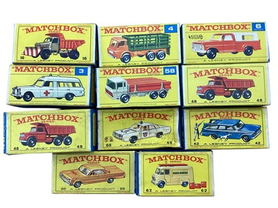 Lot 2022 - Matchbox Series 1-75 including Dodge Dumper Truck No.48 (x2), TV Service Van No.62, Taxi-Cab No.20, Ford Pick Up No.6, Mercedes Benz Benz Ambulance No.3, Studebaker Station Wagon No.42, Police C...