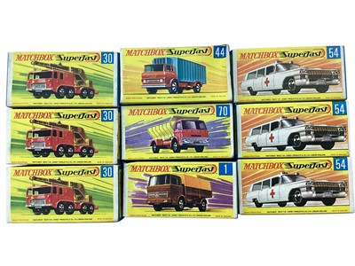 Lot 2023 - Matchbox Series 1-75 Superfast including 8-Wheel Crane No.30 (x3), Cadillac Ambulance No.54 (x3), Grit Spreader No.70, Mercedes Truck No.1 & Refrigerator Truck No.44, all boxed (9)