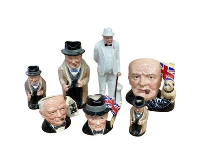 Lot 1244 - Collection of seven Royal Doulton Winston Churchill character jugs, Toby jugs and a figure