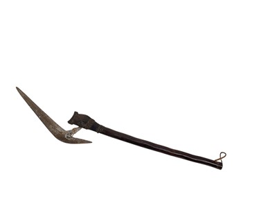 Lot 885 - Old African tribal axe with curved blade, and wooden shaft with wire bound decoration, 55cm in overall length