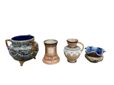 Lot 1249 - Royal Doulton three handled stoneware pot, together with a jug, a vase and a Coronation CVP, 1911 vase (4)