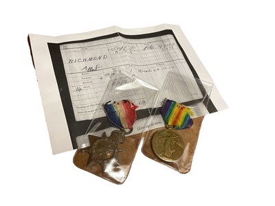 Lot 765 - First World War Casualty pair comprising 1914 'Mons' Star named to 3-9128 PTE. A. E. Richmond. 2/Suff. R. and Victory medal named 9128 PTE. A. E. Richmond. Suff. R. and printed research showing...