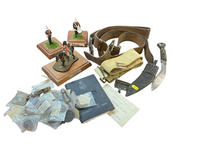 Lot 798 - Group of assorted Militaria to include three painted lead figures, naval service record, Kukri and group of metal detecting finds.