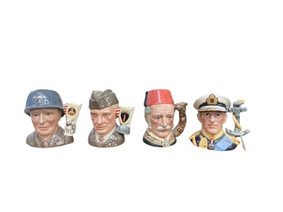 Lot 1255 - Seven Royal Doulton character jugs - General Eisenhower D6937, General Patton D7206, Montgomery D6908, Earl Mountbatten of Burma D6944, General Custer D7079, Lord Kitchener D7148 and General Gor...