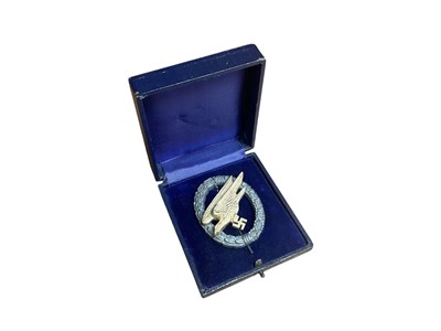 Lot 770 - Second World War Nazi German Luftwaffe Paratroopers badge with narrow pin backing, in box of issue. Believed to be an early post war restrike.