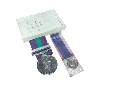 Lot 778 - George VI General Service medal with Malaya clasp named to 3502197 A.C.2. M. R. Lowell. R.A.F. together with miniature medal.