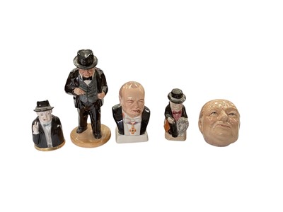 Lot 1261 - Royal Worcester limited edition Winston Churchill candle snuffer, together with five other Winston Churchill models by Kevin Francis, Bairstow Manor etc (6)