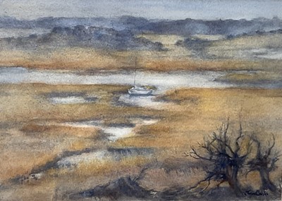 Lot 27 - Jean Cooke (Suffolk artist b.1932) watercolour - Suffolk marshes, signed, 22cm x 30cm, in glazed frame