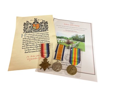 Lot 786 - First World War Casualty 1914 - 15 Star named to 21778 PTE. A. J. Kemp. Yorks. L. I., War and Victory medals (naming erased), original memorial scroll and printed research.