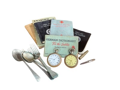 Lot 795 - Group of Second World War cutlery, together with two British military issues pocket watches and group of Second World War booklets and manuals.