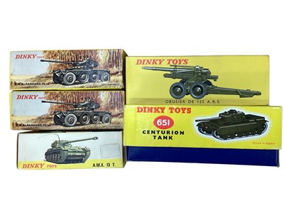 Lot 2048 - Dinky Toys diecast Military Vehicles including Centurion Tank No.651, Obusier DE 155 ABS field gun No.819, EBR Panhard FL10 No.827 (x2), AMX 13 T tank No.801, Jeep Porte-Fuseees SS10 No.828, Arm...