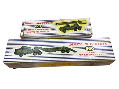 Lot 2049 - Dinky Supertoys diecast Military Vehicles including Tank Transporter No.660, Missile Servicing Platform Vehicle No.667, 10-Ton Army Truck No.622 (x2) & Medium Artillery Tractor No.689, all b...