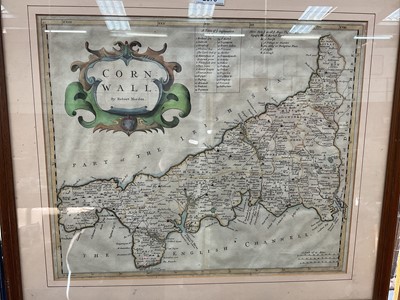 Lot 2670 - 17th century map of Cornwall by Robert Morden, hand coloured, 43cm x 36.5cm, framed