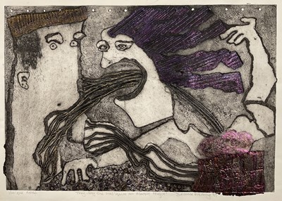 Lot 122 - Deanie Welling - Unique proof, etching, 'They say she has quite an acerbic tongue!', signed and dated 1999, in frame. 48 x 67cm.