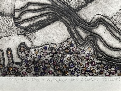 Lot 122 - Deanie Welling - Unique proof, etching, 'They say she has quite an acerbic tongue!', signed and dated 1999, in frame. 48 x 67cm.