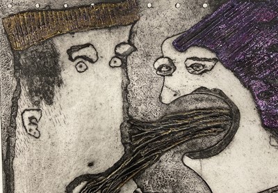 Lot 122 - Deanie Welling - Unique proof, etching, 'They say she has quite an acerbic tongue!', signed and dated 1999, in frame. 48 x 67cm.