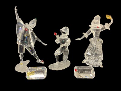 Lot 1270 - Three Swarovski Crystal annual edition Masquerade figures - Pierrot 1999, Columbine 2000 and Harlequin 2001, all boxed with certificates