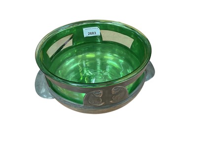 Lot 2683 - Archibald Knox (1864-1933) for Liberty & Co. Tudric green glass fruit bowl in pewter Art Nouveau frame with stylised fruit and leaf decoration and twin handles, marked ' Tudric, Rd 426933 & 0320'