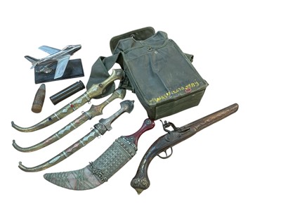 Lot 807 - Group of assorted Militaria to include field telephone set, model aircraft, eastern knives and sundries (1 box).