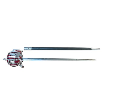 Lot 887 - Reproduction Scottish Claymore broad sword with basket hilt, broad fullered blade in steel mounted scabbard.