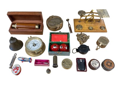 Lot 2509 - Lot modern brass compasses, telescope, postal scales and sundries
