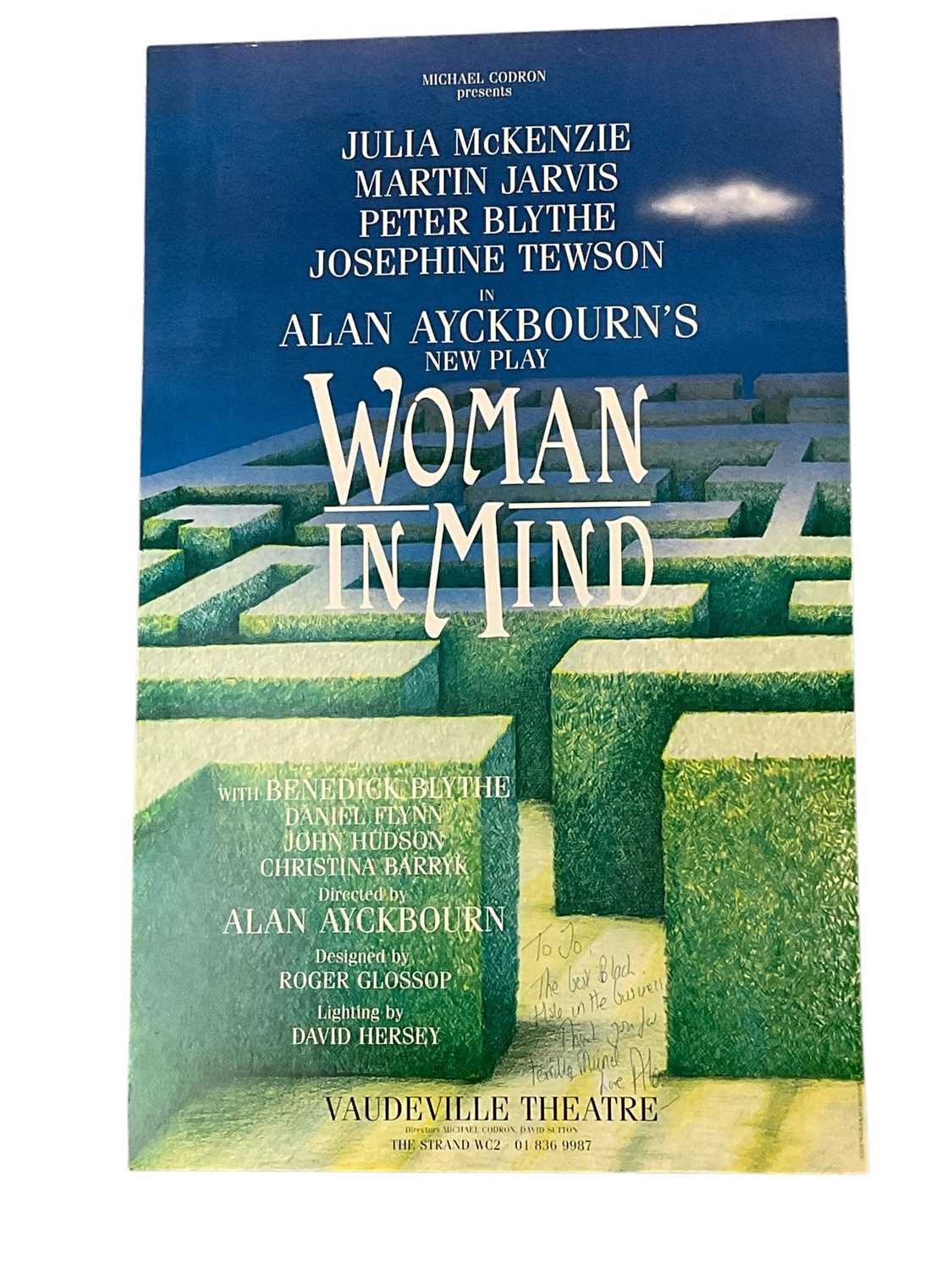 Lot 1459 - Theatre poster for Woman in Mind, written and directed by Alan Ayckbourn