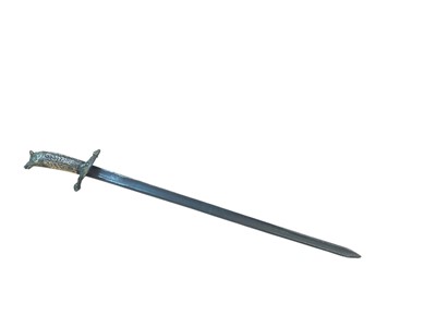 Lot 889 - 19th century and later Continental Hunting sword with fullered steel blade, brass cross guard with dogs head decoration, horn grip and boars head pommel, blade 60cm in overall length.