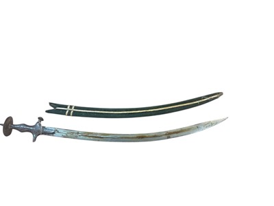 Lot 890 - 19th century Indian Tulwar sword with curved steel blade and disc hilt, in later velvet covered scabbard, blade 75cm overall length.