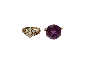 Lot 222 - Victorian style 9ct gold opal cluster ring and a faux Alexandrite gold dress ring
