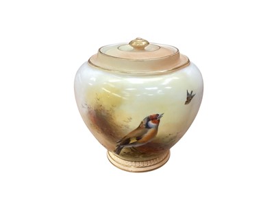 Lot 1284 - Royal Worcester jar and cover with hand painted birds decoration, signed T Barker, numbered 1314