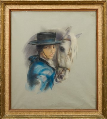 Lot 1248 - *John Rattenbury Skeaping (1901-1980) pastel portrait - Spanish Rider and a Grey Horse, signed and dated ‘72, 63cm x 55cm, in glazed frame