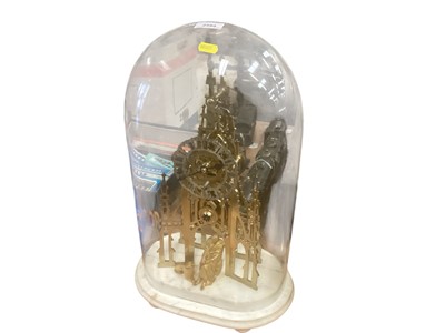 Lot 2599 - Victorian gilt metal skeleton fusee mantel clock in the gothic style with silvered dial, blued steel hands and Roman numerals, on a white marble base, under glass dome, 51cm in overall height. <...