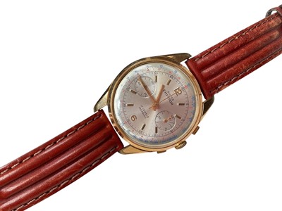 Lot 228 - Gentleman's gold plated Emperor chronograph wristwatch, silvered Swiss signed dial, 17 jewels, on a brown leather strap, 38mm diameter