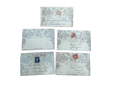 Lot 1545 - Stamps QV One Penny Mulready envelope with red MX cancel, lettersheet with MX cancel and Glasgow cancel, plus one other used Penny front only. Mulready Two Penny Blue unused envelope plus a use...