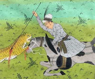 Lot 131 - Indian miniature - Tiger hunting, 21cm x 12.5cm in glazed frame