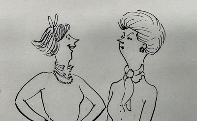 Lot 132 - Annie Tempest (b.1959) pen and ink cartoon - "But Ma, he's frightfully well connected. He knows the Duke of Ellington", signed and dated '86, 15cm x 23cm, in glazed frame